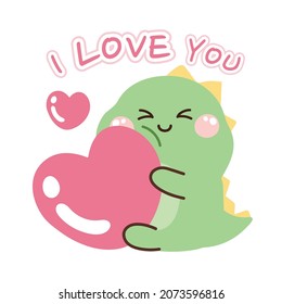 Cute dinosaure hold big heart with I love you text on white background.Animal cartoon character design.Image for card,sticker,baby cloth,paper print screen.Isolated.Kawaii.Vector.Illustration.