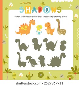 Cute Dinosaurs activities for kids. Find the correct shadow for dino. Vector illustration. Book square format. Game to boost attention and focus.