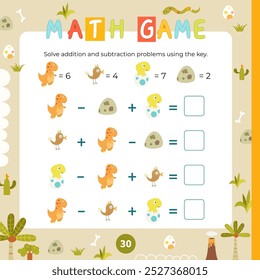 Cute  dinosaurs activities for kids. Solve arithmetic problems using the key. Vector illustration. Dino Book square format. Math game for learning counting.