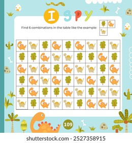 Cute Dinosaurs activities for kids. I spy game. Find the combination with Dino in table. Logic games for children. Vector illustration. Game to boost attention and focus.