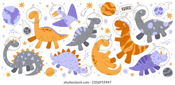 Los astronautas de los dinosaurios cutáneos, los divertidos dino del espacio cosmonauta animales jurásicos multicolores con planeta, cometa, meteorito y estrella aislados sobre blanco. Ilustración vectorial de carácter monstruo prehistórico