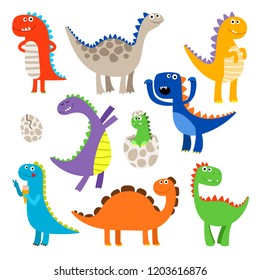 Cute dinosaurs. Baby cartoon smiling dinosaur animals isolated on white background, vector illustration