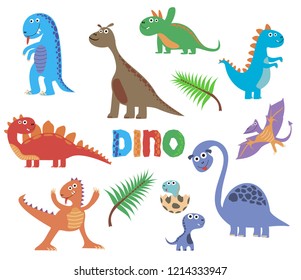 Cute dinosaurs. Baby cartoon smiling dinosaur animals isolated on white background, vector illustration
