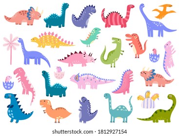 Cute Dinosaurier sind große Bundle. Dinosatz. Sammlung mit Tyrannosaurus rex, Stegosaurus, Pterosauriern, Triceratops und mehr. Babydinos in Eiern. Vektorgrafik