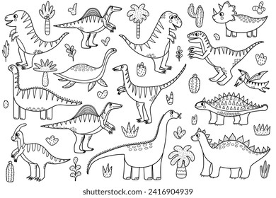 Cute Dinosaurier sind eine Schwarz-Weiß-Kollektion für Kinder. Mit lustigen Dinos in Umrissen. Diplodocus, Tyrannosaurus rex, Velociraptor und andere. Vektorgrafik