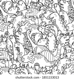 Cute dinosaurs black and white seamless pattern. Doodle dinos coloring page for adults and kids. Outline background with cute prehistoric characters. Vector illustration
