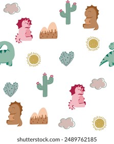 
Cute dinosaurs with cacti and vulcania Seamless vector background.