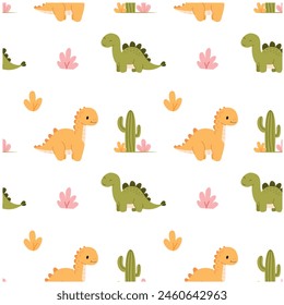 Cute dinosaurs and cactuses seamless pattern. Vector illustration.