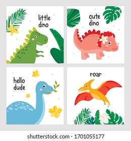 Cute dinosaurs card set. Dino isolated on white background. Kids illustration. Funny cartoon Dino collection and prehistoric elements.
