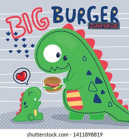 Cute dinosaurs cartoon with burger on striped background illustration vector. 