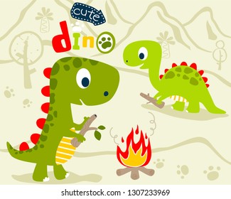 Cute dinosaurs cartoon carrying wood to make bonfire