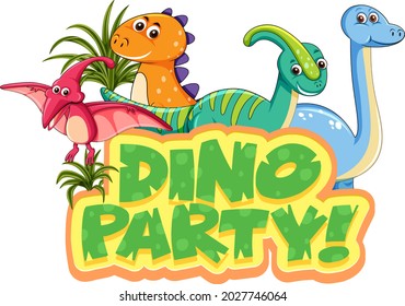 Cute Dinosaurs cartoon character with dino party font banner  illustration