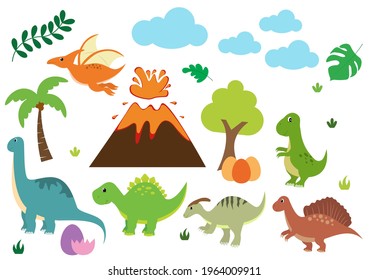 Cute Dinosaurs Cartoon Characters Illustration as Spinosaurus, Parasaurolophus, Stegosaurus, Tyrannosaurus, Pterodactyl, and Diplodocus. Wallpaper Background Template