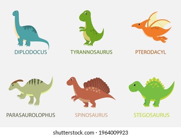 Cute Dinosaurs Cartoon Characters Illustration as Spinosaurus, Parasaurolophus, Stegosaurus, Tyrannosaurus, Pterodactyl, and Diplodocus. Wallpaper Background Template