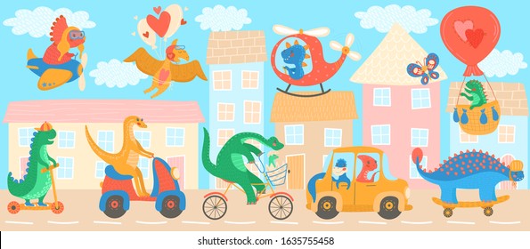 Cute dinosaurs cartoon characters riding transport, vector illustration. Dino town with childish animals street traffic, dinosaur driving car, scooter, bicycle, airplane and helicopter. Cartoon city