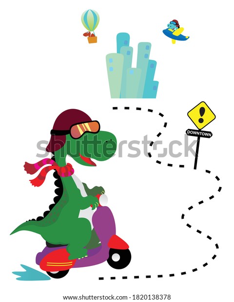 Cute dinosaurs\
cartoon characters riding transport, vector illustration. Dino town\
with childish animals street traffic, dinosaur driving scooter,\
airplane and air balloon.\
