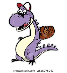 Cute Dinosaurs cartoon characters, wearing baseball gloves and played. Best for sticker, logo, and mascot with sports themes for kids