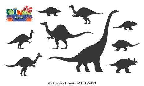 Cute dinosaurs cartoon personages silhouettes. Nodosaurus, Hypacrosaurus, Lambeosaurus and Titanosauria, Centrosaurus, Panoplosaurus, Avaceratops and Deinocheirus, Corythosaurus vector silhouettes