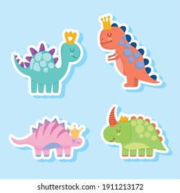 cute dinosaurs cartoon prehistoric animals in sticker style vector illustration