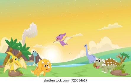 cute dinosaurs cartoon with prehistoric landscape