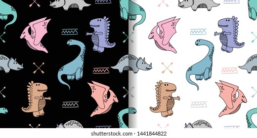 cute dinosaurs cartoon seamless pattern two color background wallpaper