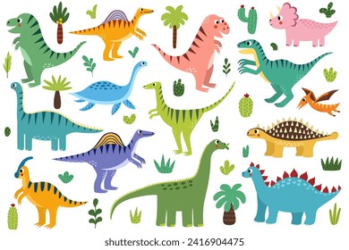 Dinosaurios bonitos en colección de dibujos animados para niños. Se ubica con graciosos dinos aislados en el fondo blanco. Diplodocuments, tyrannosaurus rex, velociraptor y otros. Ilustración del vector