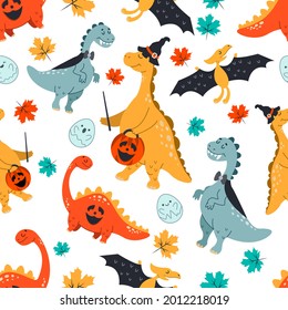 Cute dinosaurs in cartoon style for Halloween. Dinosaurs in witch, vampire, pumpkin costumes. Vector seamless Halloween pattern. Colorful print for fabrics, cards, party invitations, banners 