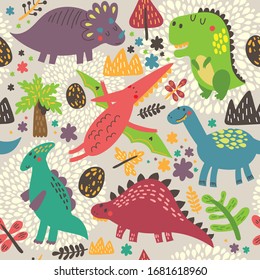 Cute dinosaurs in cartoon vector seamless pattern.