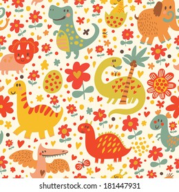 Cute dinosaurs in cartoon vector seamless pattern. Seamless pattern can be used for wallpapers, pattern fills, web page backgrounds,surface textures. Gorgeous childish seamless background