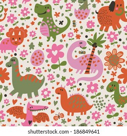 Cute dinosaurs in cartoon vector seamless pattern. Seamless pattern can be used for wallpapers, pattern fills, web page backgrounds,surface textures. Gorgeous childish seamless background