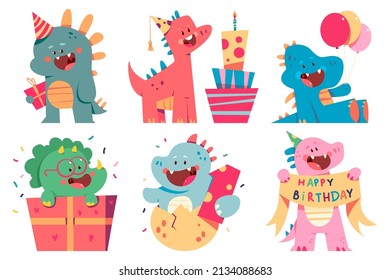 Cute dinosaurs celebrate birthday vector cartoon characters set isolated on a white background.