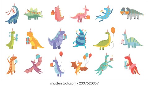 Cute dinosaurs celebrating birthday set. Adorable prehistoric animals with present boxes and inflatable balloons cartoon vector Illustration