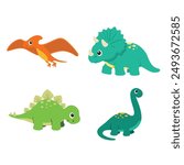 Cute dinosaurs character set in cartoon style, brontosaurus, tyrannosaurus, pterodactyl, triceratops, stegosaurus, spinosaurus, plesiosaurus, ankylosaurus, velociraptor, parasaurolophus.