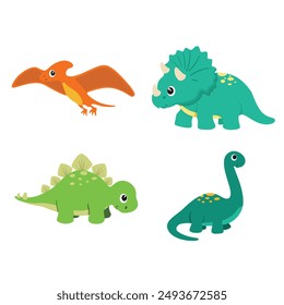 Cute dinosaurs character set in cartoon style, brontosaurus, tyrannosaurus, pterodactyl, triceratops, stegosaurus, spinosaurus, plesiosaurus, ankylosaurus, velociraptor, parasaurolophus.