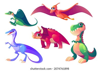 Cute dinosaurs characters. Triceratops, spinosaurus, tyrannosaurus rex, velociraptor and pterodactyl isolated on white background. Vector cartoon set of funny dino, fossil prehistoric animals