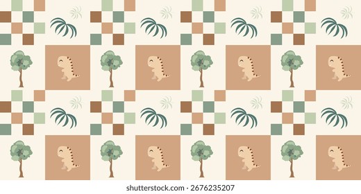 Cute dinosaurs checkerboard pattern. Jungle dinosaurs animal seamless pattern. Safari dinosaurs and tropical plants. Perfect for fabrics, print, textile, wallpaper, decor.