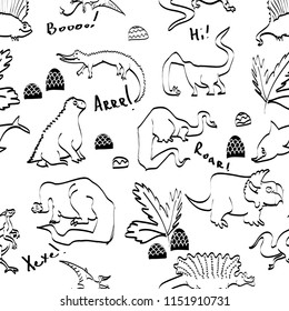 Cute dinosaurs. Childish cartoon dino seamless pattern. Hand drawn vector doodle design for kids and fashion clothes. Hand drawn children's pattern for textile, fabric, wrapping paper