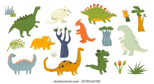 Cute dinosaurs childish characters from Jurassic park prehistoric period set in papercut style. Funny craft origami animals personage, happy beasts colorful mascot of ancient years vector illustration