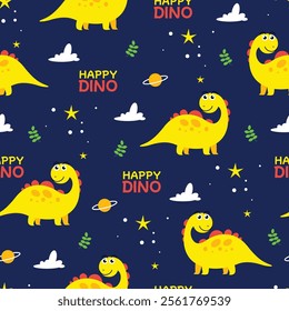 Cute dinosaurs childish seamless pattern with space element, cloud, star and planet on the background