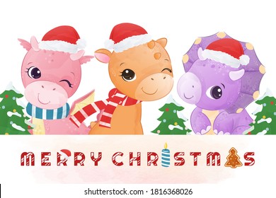 Cute dinosaurs in Christmas greeting card