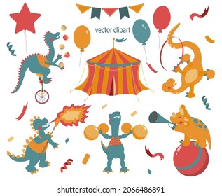 Cute dinosaurs at a circus party on a white background. Funny vector clipart for children.