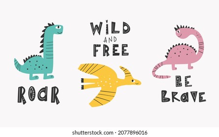 Cute Dinosaurs collection in cartoon style. Colorful cute baby illustration is ideal for a children's room Vector illustration Design element