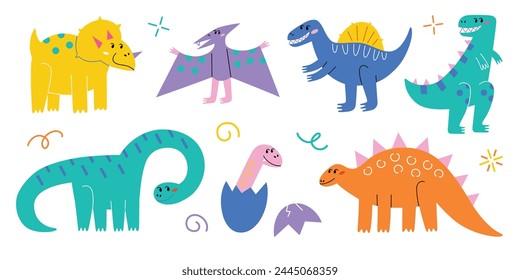 Niedliche Dinosaurier-Kollektion, bunte Cartoon-Monster, Vektorillustrationen von Triceratops, Tyrannosaurus, Diplodocus, lustige Jura-Reptilien-Set, Wildnatur für Kinder, lächelnder Dino