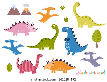 Cute dinosaurs collection. Isolated elements set for your design. Vector illustration