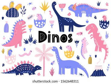 Cute dinosaurs collection with their baby dinos. Diplodocus, Tyrannosaurus rex, Stegosaurus. Funny prehistoric characters collection. Vector illustration 