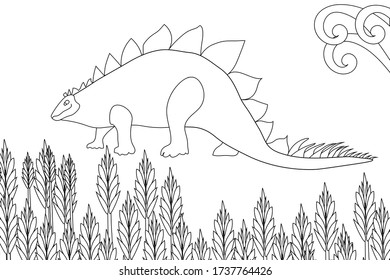 Cute dinosaurs coloring book, illustration. The prehistoric period. Jurassic plants. Stylish anti-stress hand-drawn coloring book. Design for wallpaper. Children's coloring. Wildlife.