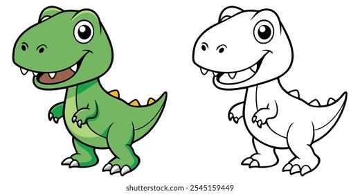 Cute Dinosaurs Coloring Book For Kids Printable. T-Rex Cartoon Character Vector Illustration Colored and Outlined