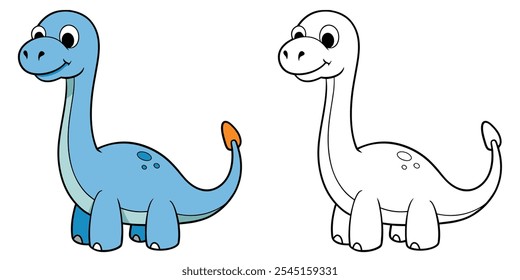 Cute Dinosaurs Coloring Pages For Kids Printable. Diplodocus Cartoon Character Vector Illustration