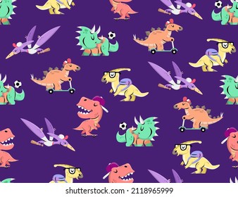 CUTE DINOSAURS IN DIFFERENT OUTFITS FLAT SEAMLESS PATTERN. PREMIUM VECTOR.