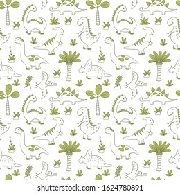 Cute Dinosaurs. Dino seamless pattern in doodle style. Hand drawn vector illustration on white background